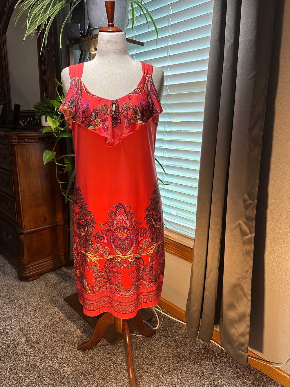 Tiana B. Red Paisley Ruffle-Trim Midi Dress